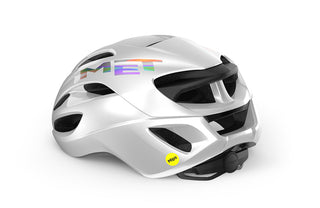 Casco ciclismo su strada MET Rivale MIPS bianco olografico vista posteriore, sistema di regolazione e tecnologia MIPS per protezione avanzata.