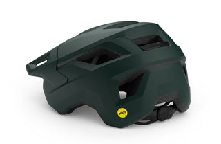 Casco MTB MET Shelter MIPS Deep Forest opaco, vista posteriore, colore verde scuro con regolazione micrometrica e logo MIPS giallo per sicurezza avanzata.