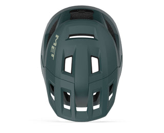 Vista dall’alto casco MET Shelter MIPS Stone Blue opaco, prese d’aria multiple per ventilazione ottimale e protezione avanzata per MTB.