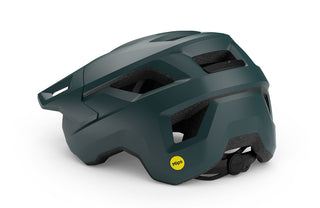 Casco MTB MET Shelter MIPS Stone Blue opaco, vista posteriore, regolazione micrometrica e logo MIPS giallo per sicurezza potenziata.