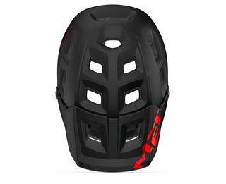 Casco MTB MET Terranova MIPS nero rosso opaco lucido visto dall’alto, ventilazione potenziata e struttura rinforzata per massima sicurezza.