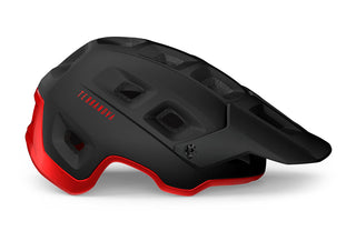 Casco bici MET Terranova MIPS nero rosso opaco lucido vista laterale, protezione avanzata e ventilazione per MTB e trail.