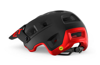 Casco mountain bike MET Terranova MIPS nero rosso opaco lucido vista posteriore, sistema di regolazione e protezione MIPS per comfort e stabilità.