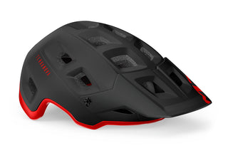 Casco ciclismo MET Terranova MIPS nero rosso opaco lucido, design aggressivo con visiera integrata e prese d’aria ottimizzate per mountain bike.