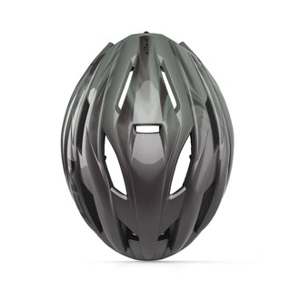 Vista dall’alto casco MET Trenta MIPS grigio opaco, prese d’aria ottimizzate per massima aerodinamicità e comfort durante il ciclismo su strada.