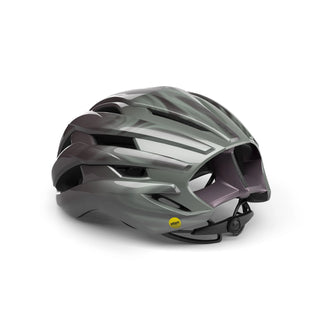 Casco MET Trenta MIPS grigio opaco, vista posteriore, sistema di regolazione micrometrico e logo MIPS giallo per protezione avanzata del ciclista.