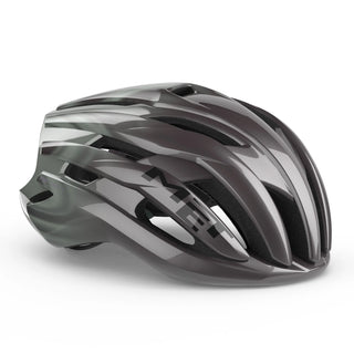 Casco da ciclismo MET Trenta MIPS grigio opaco, vista tre quarti, design leggero e ventilato per alte prestazioni su strada.