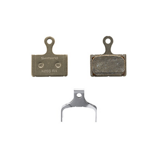 Pastiglie freno Shimano K05S-RX in resina con molla incluse per impianti a 2 pistoni MTB e city bike.