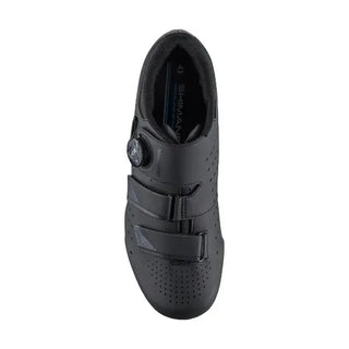 Scarpa Shimano RP400 da corsa in colore nero, vista dall’alto con sistema BOA e doppio velcro per una calzata precisa, perfetta per ciclisti su strada che cercano comfort e prestazioni.