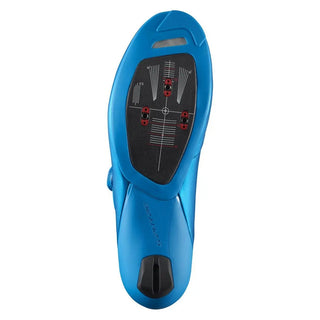 Suola scarpa ciclismo Shimano S-Phyre RC9 blu con piastra in carbonio, attacco 3 fori compatibile SPD-SL, marcature millimetrate per regolazione tacchette.