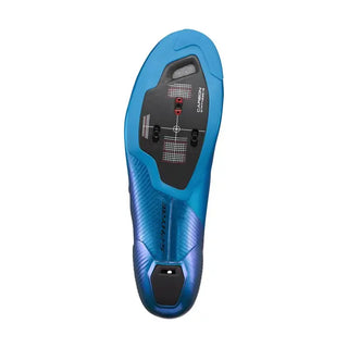 Vista suola scarpa ciclismo Shimano S-Phyre RC903 Blu con suola in carbonio ultra rigida, compatibile con attacchi SPD-SL. Perfetta per ciclisti da strada che cercano potenza e leggerezza.