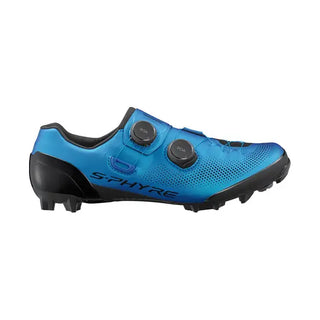 Scarpe MTB Shimano S-Phyre XC903 blu lato destro, design aggressivo con suola UltraGrip per massima trazione su trail tecnici.