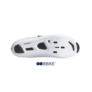 Suola in carbonio della scarpa da ciclismo DMT KR0 EVO bianca e argento, con predisposizione per tacchette Look e ottimizzata per trasmissione potenza.
