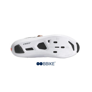 Suola in carbonio ultra rigido delle scarpe da ciclismo DMT KR0 EVO bianco, compatibile con attacchi Look e Shimano SPD-SL, vista inferiore.