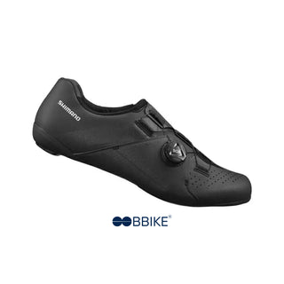 Scarpe ciclismo Shimano RC300 nere lato destro con chiusura BOA, design aerodinamico per ciclismo su strada.