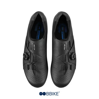 Vista superiore delle Shimano RC300 nere da corsa, doppio cinturino e rotore BOA per una calzata precisa.