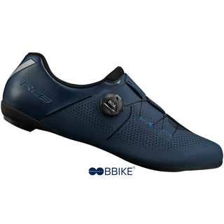 Scarpa ciclismo corsa Shimano RC302 blu vista lato destro con sistema BOA, design aerodinamico e suola rigida in nylon rinforzato.