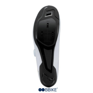 Suola delle scarpe da ciclismo Shimano RC302 bianche con rinforzo in fibra di carbonio, compatibilità SPD-SL e griglia di posizionamento tacchette.
