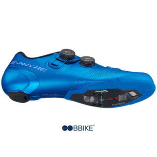 Scarpa ciclismo Shimano S-Phyre RC902 blu vista laterale sinistra con doppio sistema di chiusura BOA e design aerodinamico per ciclisti su strada