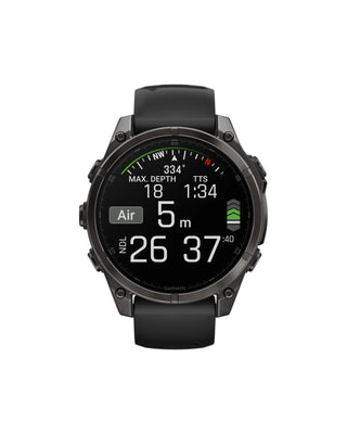 Vista frontale del Garmin Fēnix® 8 con display AMOLED nero e schermata meteo – smartwatch multisport con GPS per ciclismo, trekking e allenamento.