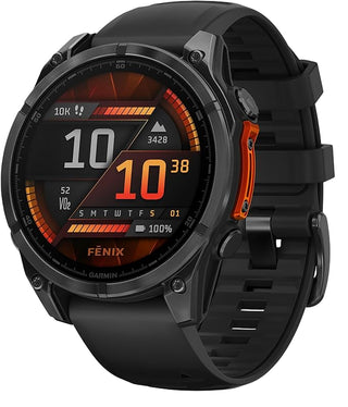 Garmin Fēnix® 8 AMOLED nero, vista angolata con schermo ad alta leggibilità e dati fitness – orologio GPS ideale per ciclisti e atleti multisport.