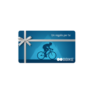 Gift card BBike per ciclisti professionisti, buono regalo digitale con grafica blu e silhouette ciclista su bici da corsa, ideale per acquisti di biciclette e accessori ciclismo online.